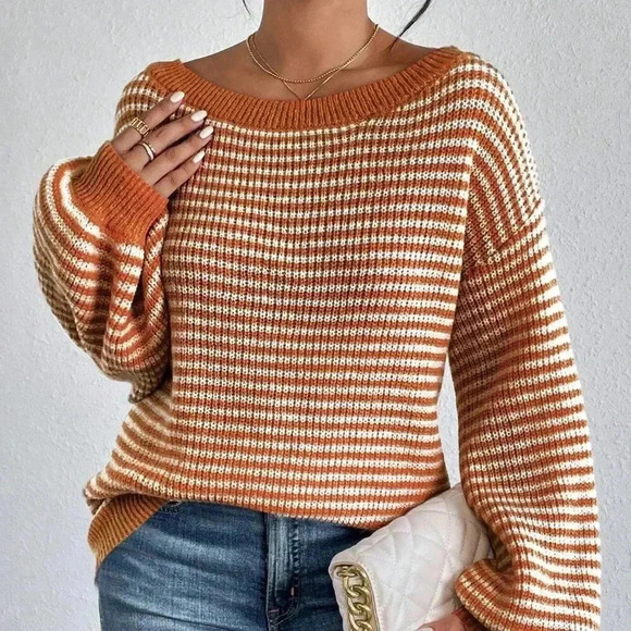 Orange Casual Women's Contrast Striped Print Off-Shoulder Long Sleeve Sweater - Picture 5 of 7